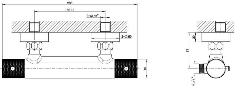 Wiesbaden Ribbd thermostatische douchemengkraan hartafstand 15 cm mat zwart