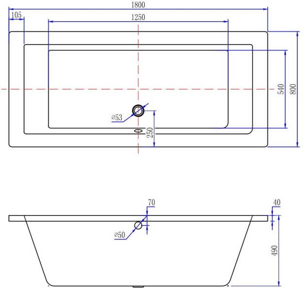 Wiesbaden Santino SQ inbouw duo ligbad 180x80x49 cm acryl glans wit