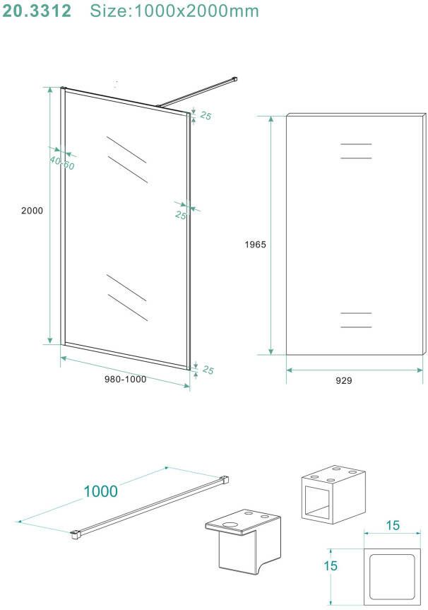 Wiesbaden Square inloopdouche 1000x2000 10mm nano helder glas mat zwart