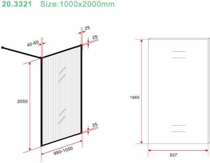 Wiesbaden Square inloopdouche 1000x2000 8mm nano geribbeld helder glas mat zwart