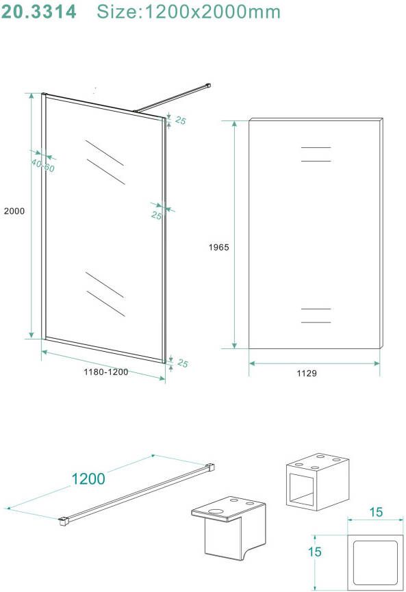 Wiesbaden Square inloopdouche 1200x2000 10mm nano helder glas mat zwart