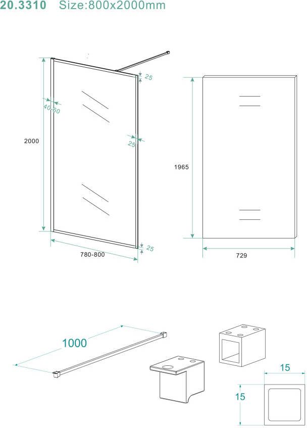 Wiesbaden Square inloopdouche 800x2000 10mm nano helder glas mat zwart