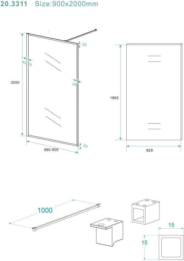 Wiesbaden Square inloopdouche 900x2000 10mm nano helder glas mat zwart