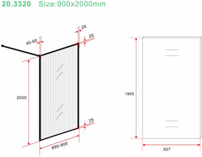 Wiesbaden Square inloopdouche 900x2000 8mm nano geribbeld helder glas mat zwart