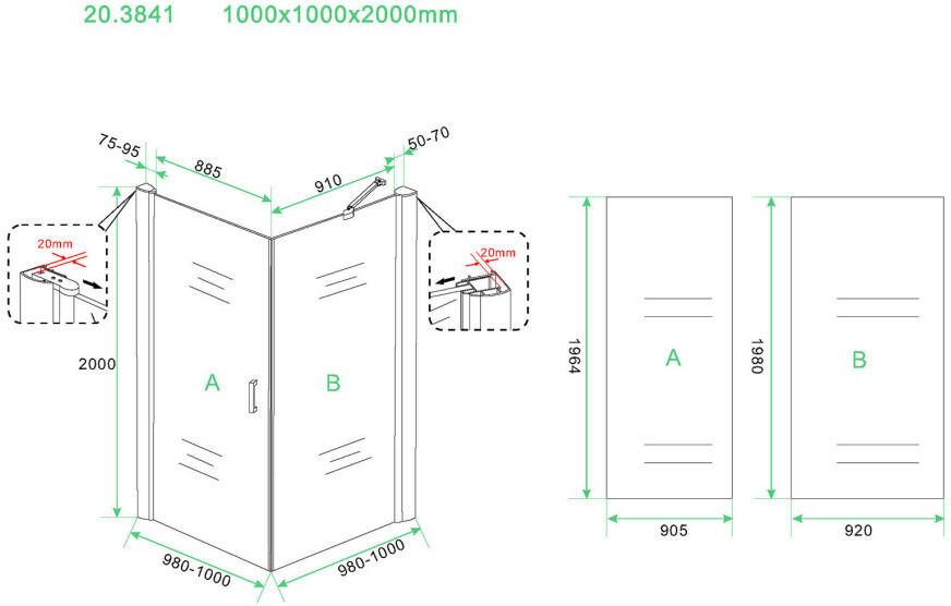 Wiesbaden Uni douchecabine draaideur met zijwand 100x100 cm chroom met helder glas 8mm NANO