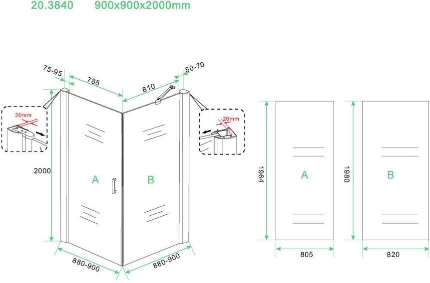 Wiesbaden Uni douchecabine draaideur met zijwand 90x90 cm chroom met helder glas 8mm NANO