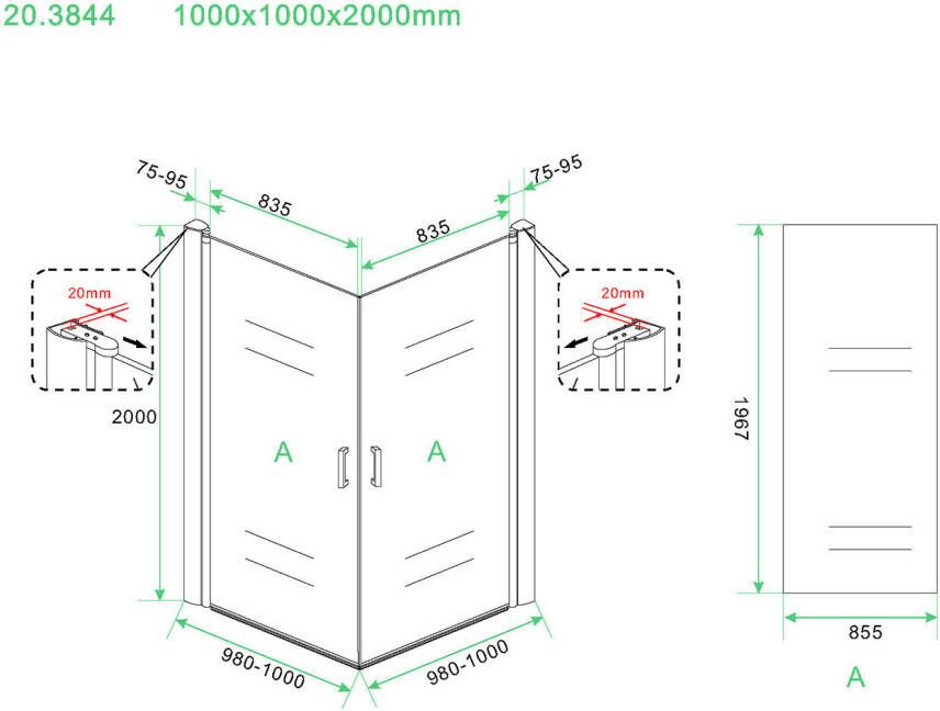 Wiesbaden Uni douchecabine met 2 draaideuren 100x100 cm chroom met helder glas 8mm NANO