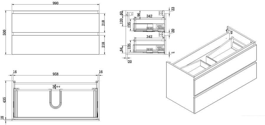 Wiesbaden Vision onderkast+2 laden 100x46 wit