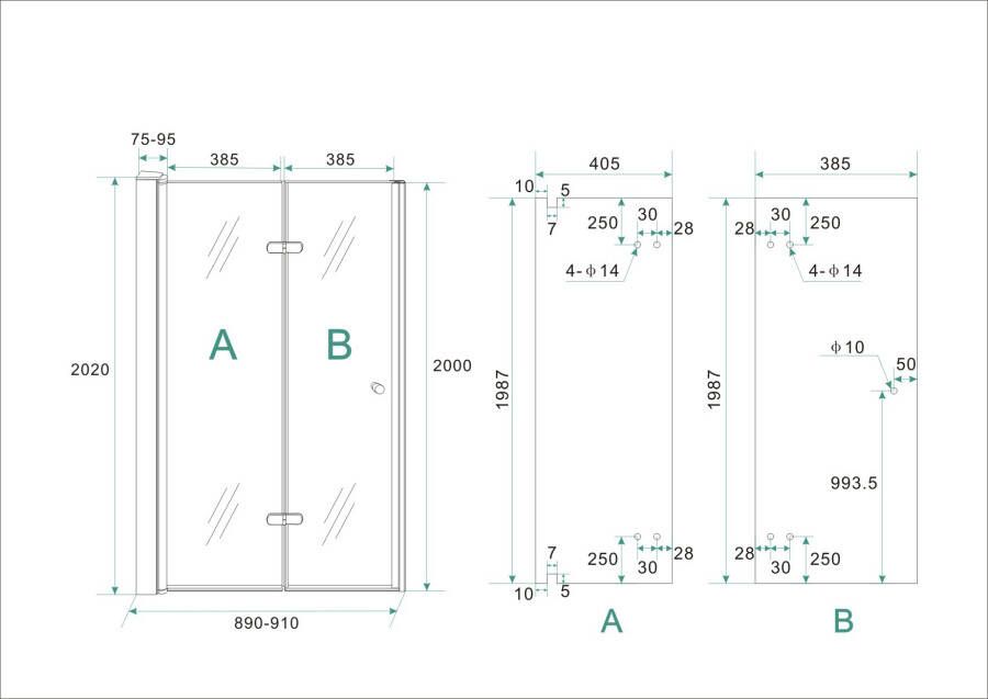 Wiesbaden vouwbare nisdeur 900x2000 links 8mm NANO glas