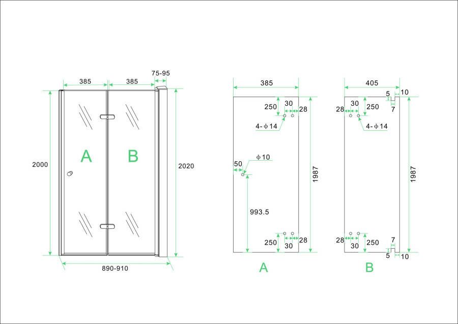 Wiesbaden vouwbare nisdeur 900x2000 rechts 8mm NANO glas