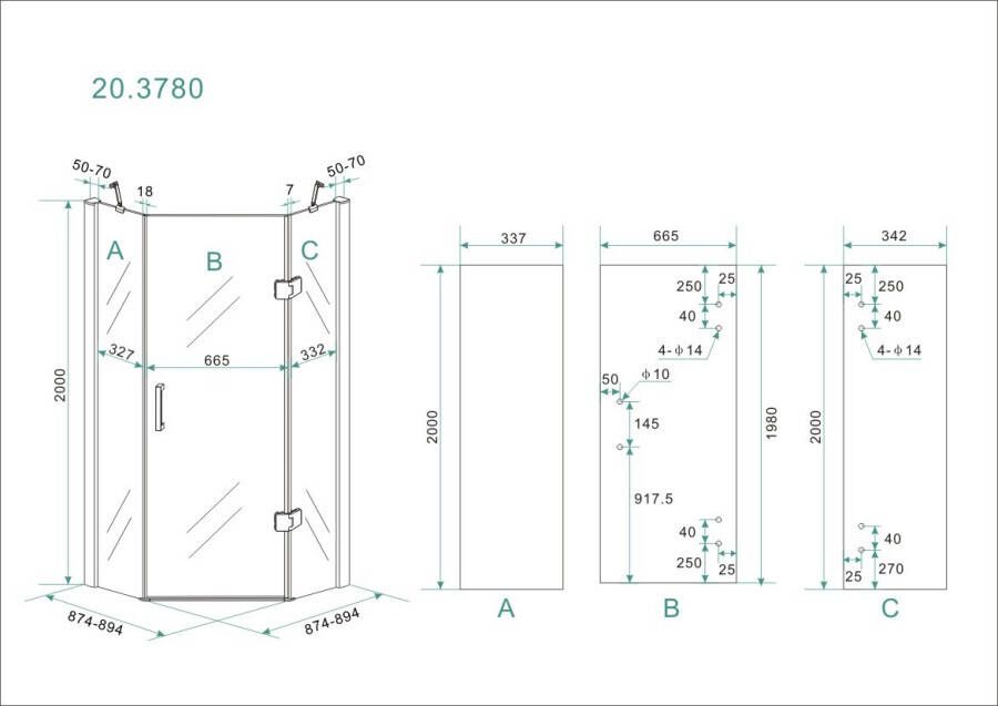 Xellanz 5-hoek douchecabine 8mm NANO 900x900x2000