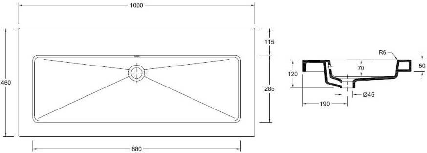 Xellanz Kera wastafel enkel zonder kraangat 100x46x5 cm keramiek glans wit