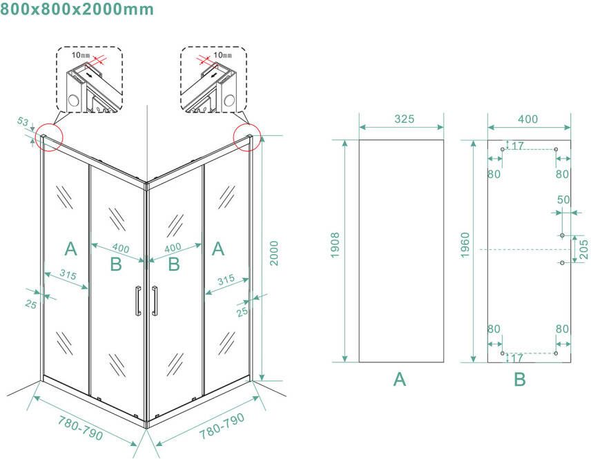 Xellanz Skyline hoekinstap + 2 schuifdeuren 800x800x2000 mat-zwart 8mm NANO