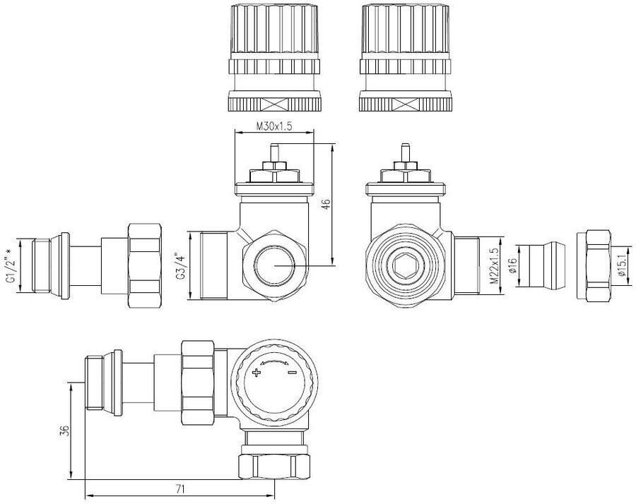 Riko luxe therm. ventiel 1 2&apos;&apos;x15 (M22) knel haaks links chroom - Foto 4