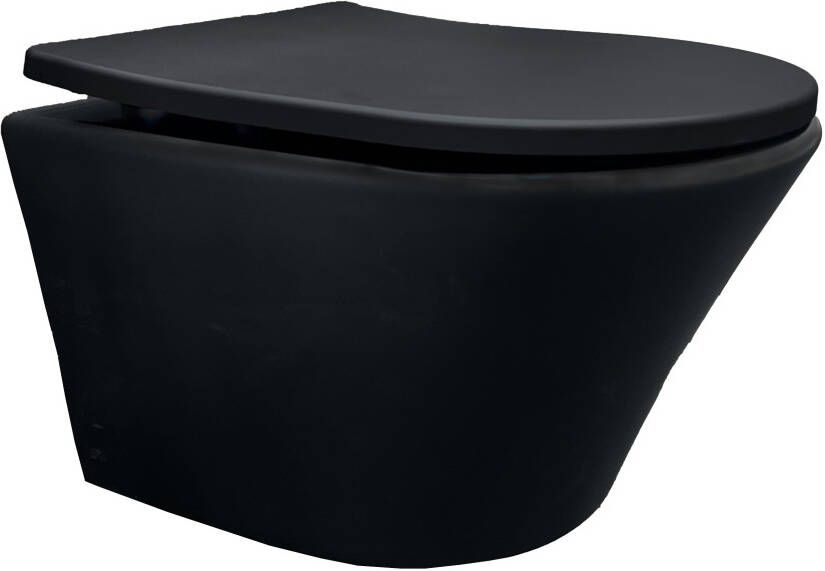 Wiesbaden Vesta-Junior hangend compact diepspoel toilet Rimless met Shade Slim toiletzitting met softclose en quick release 40 x 36 x 47 cm mat zwart