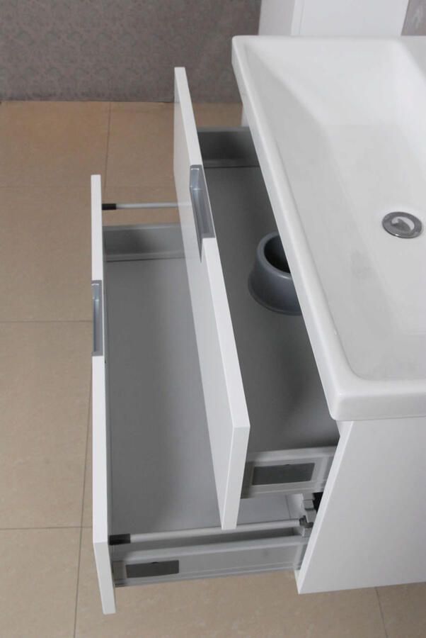 Xellanz Badkamermeubel Set Catherina Hangend 80x50x40cm MDF Hoogglans Wit Softclose Keramische Wastafel 1 Kraangat Overloop met Spiegel en Badkamerkast - Foto 3