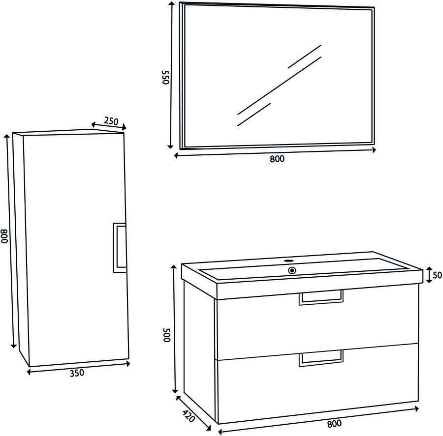 Xellanz Badkamermeubel Set Catherina Hangend 80x50x40cm MDF Hoogglans Wit Softclose Keramische Wastafel 1 Kraangat Overloop met Spiegel en Badkamerkast