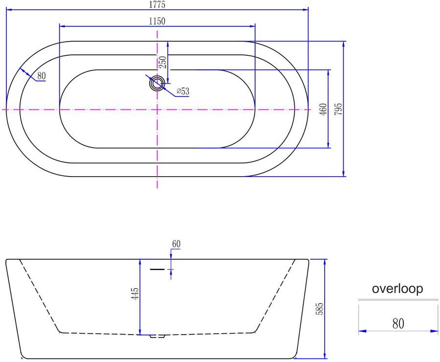 Xellanz Ligbad Vrijstaand Bianco Ovaal 80x178x58.5cm Glasvezelversterkt Hoogwaardig Acryl Glans Wit met Badwaste en Overloop - Foto 3