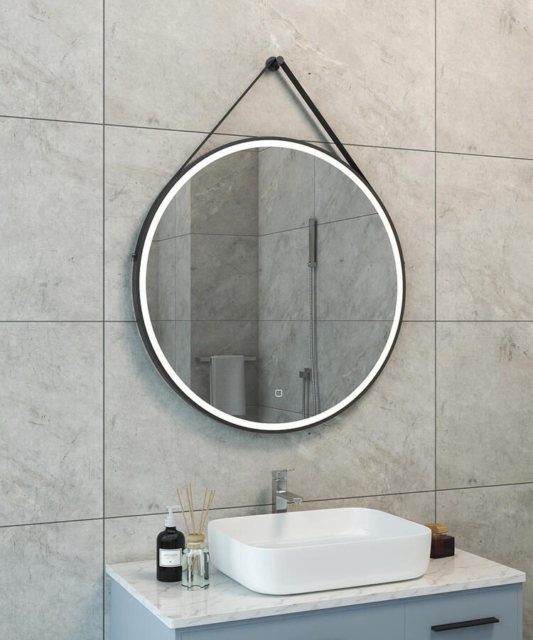 Wiesbaden Badkamerspiegel Cinto Rond met Dimbaar LED Verlichting en Spiegelverwarming 80cm Mat Zwart met Band - Foto 3