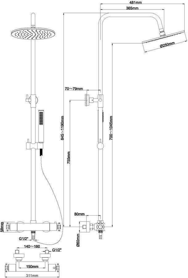 Wiesbaden Regendouche set Cross | Opbouw | Thermostaatkraan | 2-weg | Rond | Chroom