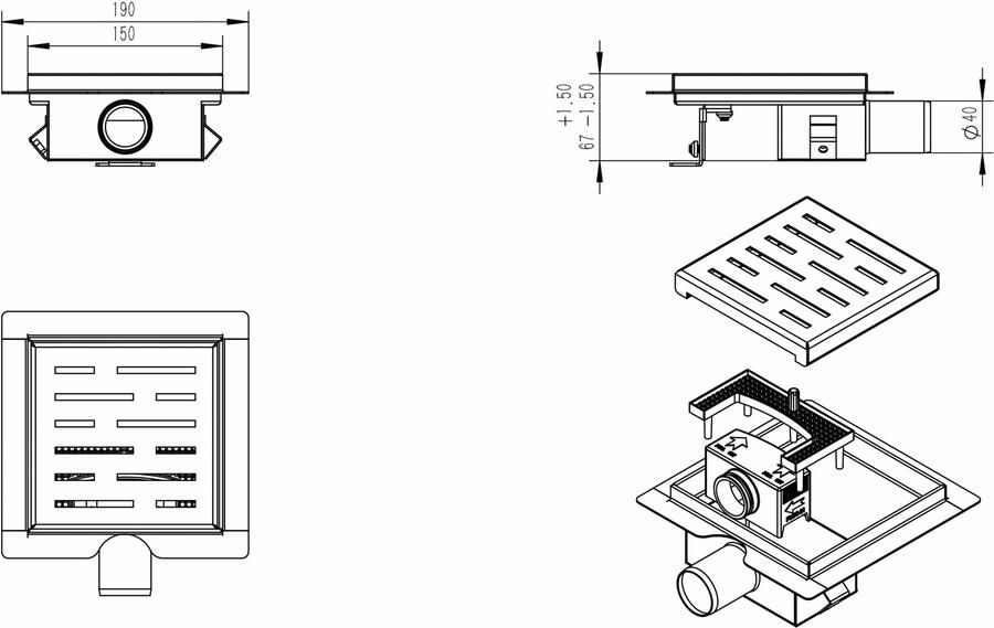 Wiesbaden Doucheput RVS Mat Zwart 20x20cm met Flens en Uitneembaar Sifon - Foto 4