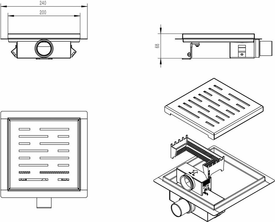 Wiesbaden Doucheput RVS Mat Zwart 20x20cm met Flens en Uitneembaar Sifon - Foto 2