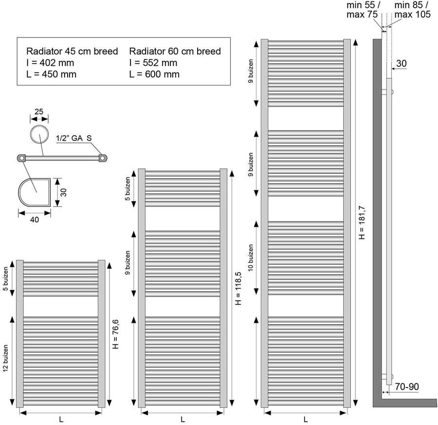 Wiesbaden Designradiator Elara 180x60cm 1067 Watt Mat Antraciet Middenonderaansluiting