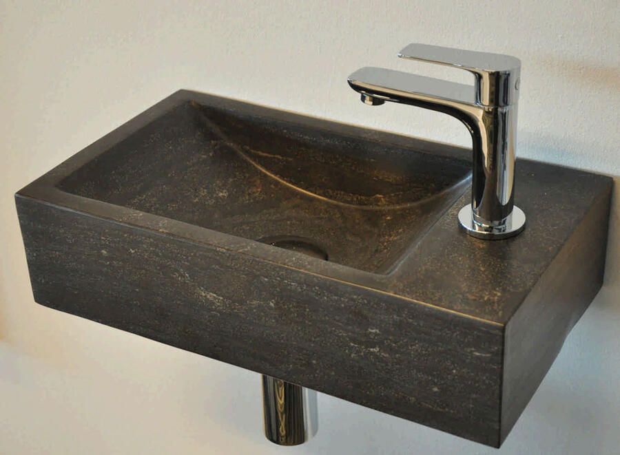 Wiesbaden Fontein Hardsteen | 40x22x10 cm | Natuursteen | Rechts montage | 1 kraangat | Rechthoek | Zwart