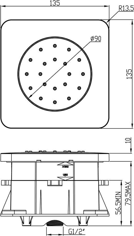 Wiesbaden Rombo ABS Inbouw verstelbare zijdouche vierkant 135x135 chroom 29.3851 - Foto 2