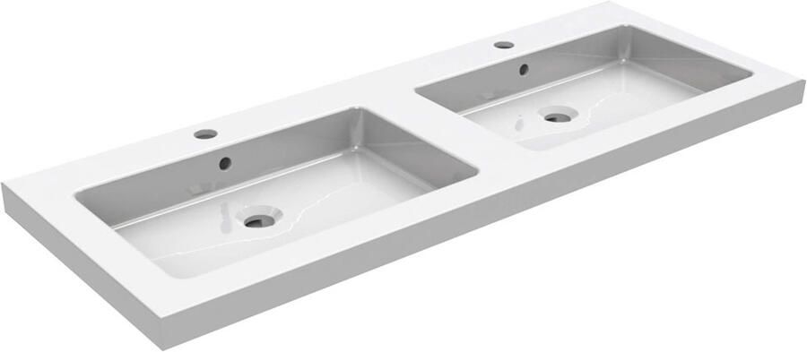 Wiesbaden Meubelwastafel Dubbel Rechthoek 120x46x5cm Keramiek Glans Wit 2 Kraangaten met Overloop - Foto 3
