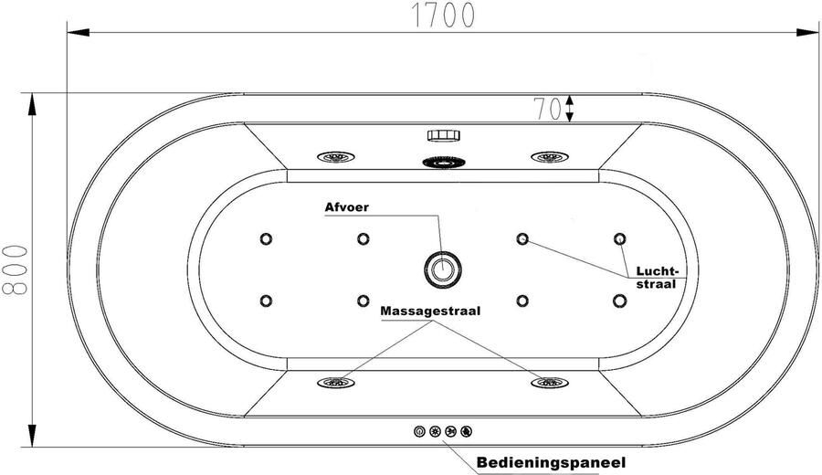Wiesbaden Whirlpool bad Libero | 170x80 cm | Incl.Afvoer-Wit | Sleuf overloop | Acryl | Pneumatisch | Luchtsysteem | Glans wit - Foto 3