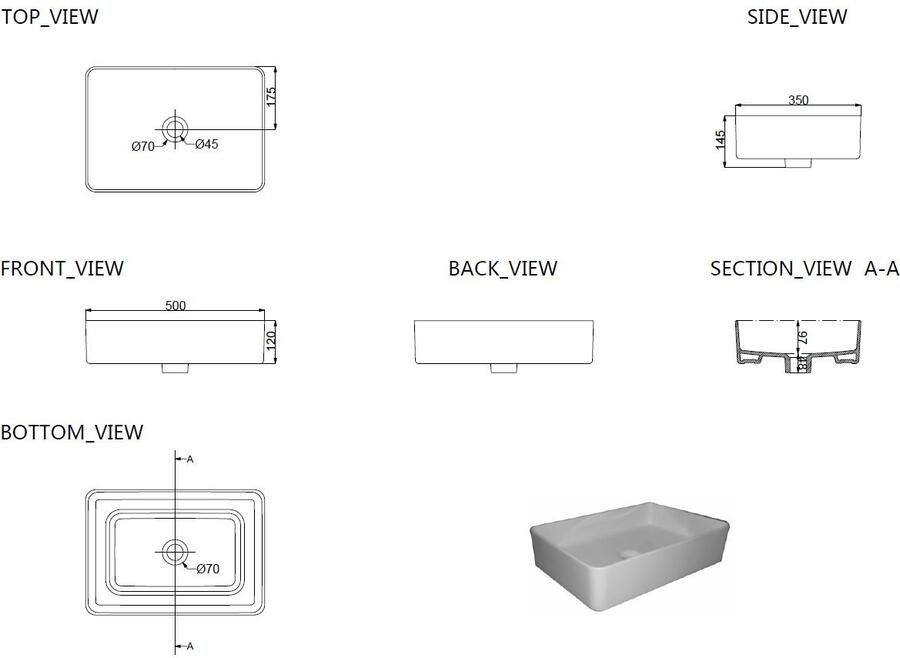 Wiesbaden Waskom Link | 50x35x14.5 cm | Keramiek | Vrijstaand | Rechthoekig | Wit - Foto 3