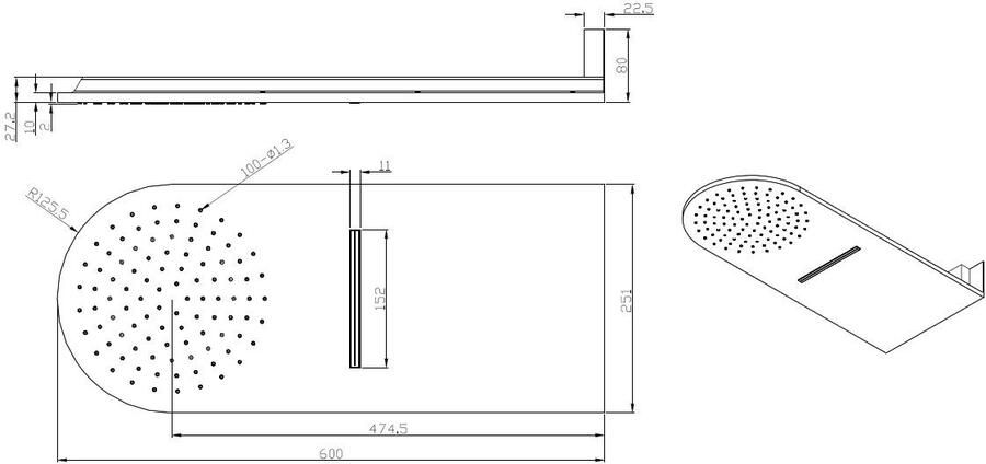 Wiesbaden Hoofddouche Wall | 60x25 cm | Met waterval | Rechthoek | Chroom