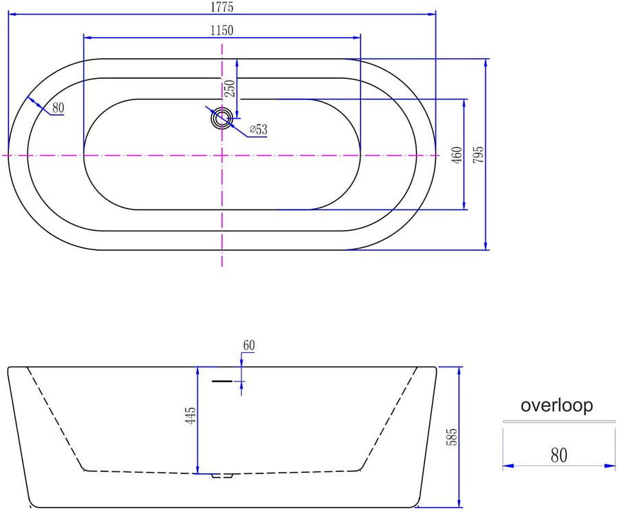 Xellanz Ligbad Vrijstaand Nero Ovaal 80x178x55cm Glasvezelversterkt Hoogwaardig Acryl Glans Zwart Wit met Badwaste en Overloop - Foto 2