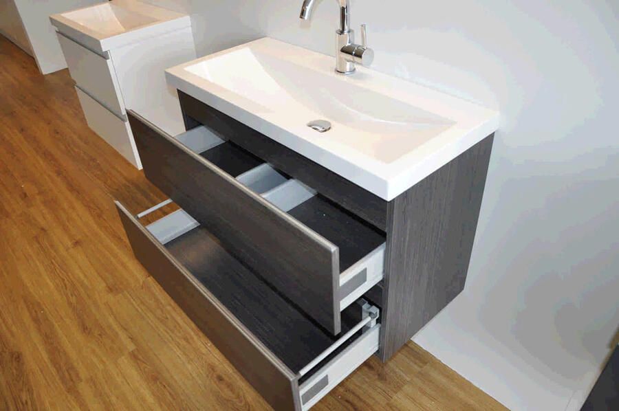 Wiesbaden Badkamermeubel Onderkast Luxa Hangend 80x50x35cm MDF Houtnerf Grijs Softclose Greeploos - Foto 6