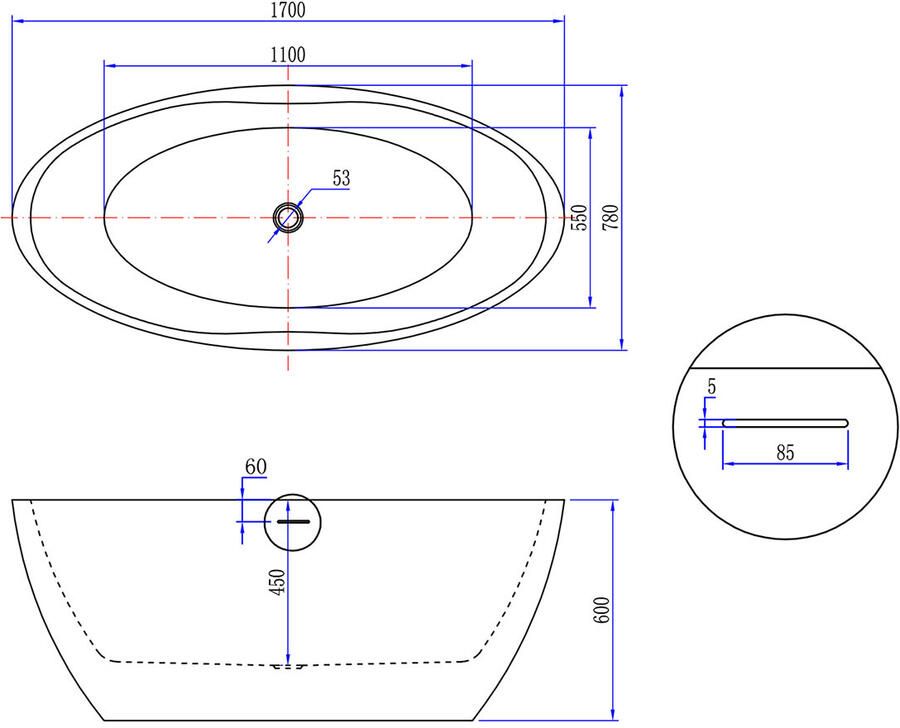 Wiesbaden Vrijstaand bad Oval | 170x78 cm | Incl.Afvoer-Wit | Sleuf overloop | Acryl | Mat wit - Foto 4