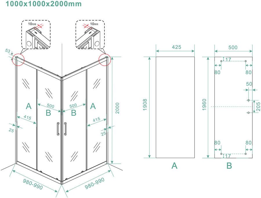 Wiesbaden Skyline hoekinstap cabine met 2 schuifdeuren 1000 x 1000 x 2000 x 8 mm nano helder glas mat zwart 20.3717 - Foto 4