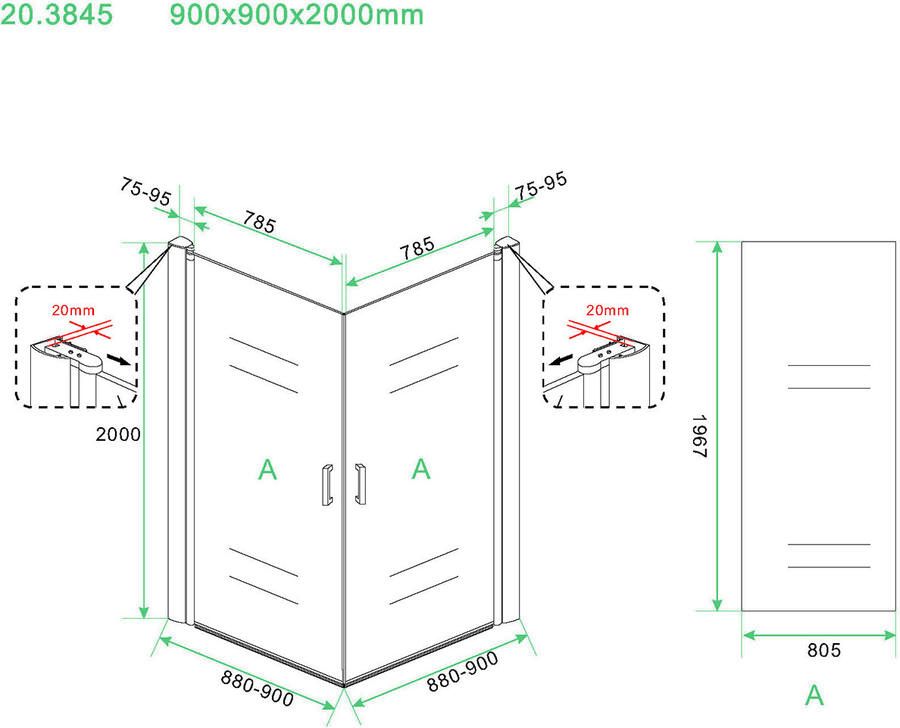 Wiesbaden Douchecabine Vierkant Dubbele Swingdeur 90x90x200cm Antikalk Helder Glas Chroom Profiel 8mm Veiligheidsglas Easy Clean - Foto 2