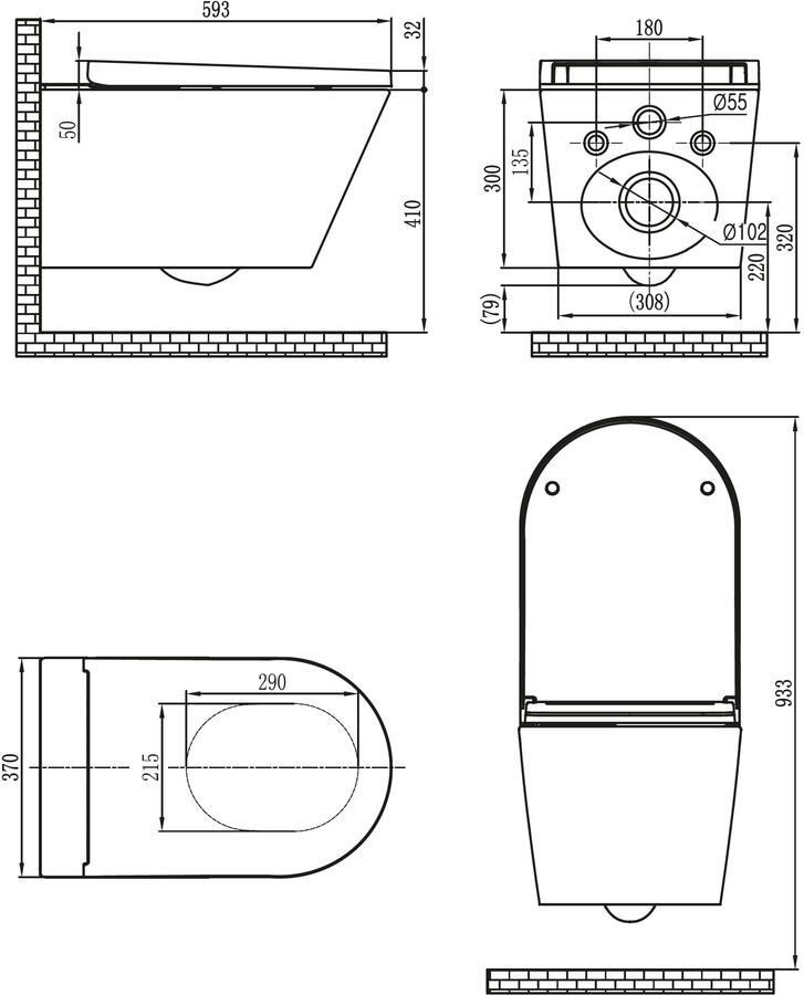 Xellanz Toiletpot Hangend Vesta-Eco Wandcloset Keramiek Wit Rimless Diepspoel Douchewc met Softclose Toiletzitting - Foto 2