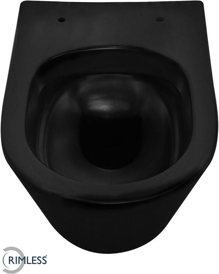 Wiesbaden Toiletpot Hangend Vesta Wandcloset 52 cm Mat Zwart Rimless Diepspoel Zonder Toiletzitting