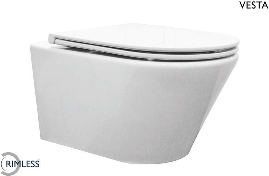 Wiesbaden Toiletpot Hangend Vesta Wandcloset Keramiek Wit Rimless Diepspoel met Flatline 2.0 Softclose & Quickrelease Toiletzitting - Foto 2
