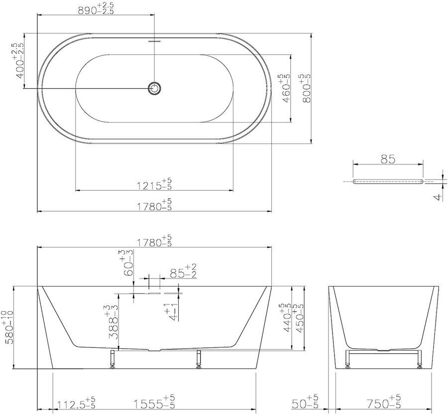Wiesbaden Ligbad Vrijstaand Libero Ovaal 80x178x60cm Glasvezelversterkt Hoogwaardig Acryl Glans Wit met Badwaste en Overloop