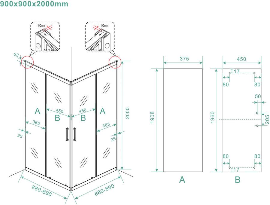 Wiesbaden Skyline hoekinstap cabine met 2 schuifdeuren 1000 x 1000 x 2000 x 8 mm nano helder glas mat zwart 20.3717 - Foto 5